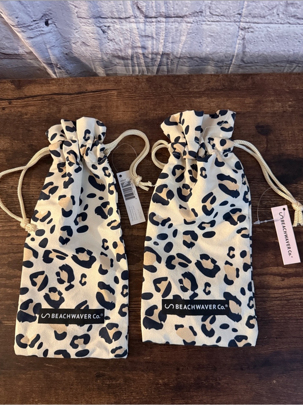 Beachwaver Co. Leopard Drawstring Pouches - Cream & Black (Set of 2)